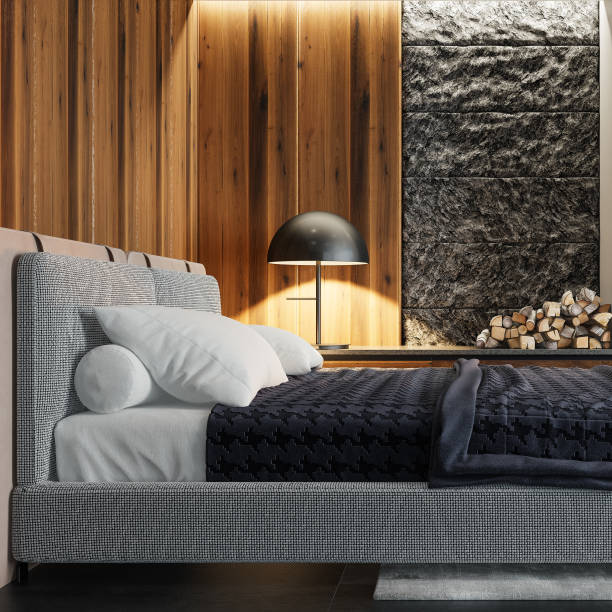 istock Modern minimalist bedroom with fireplace 1830564117