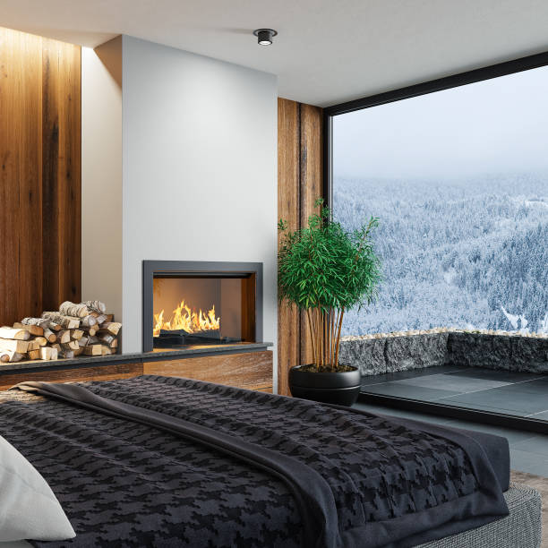istock Modern minimalist bedroom with fireplace 1830564121