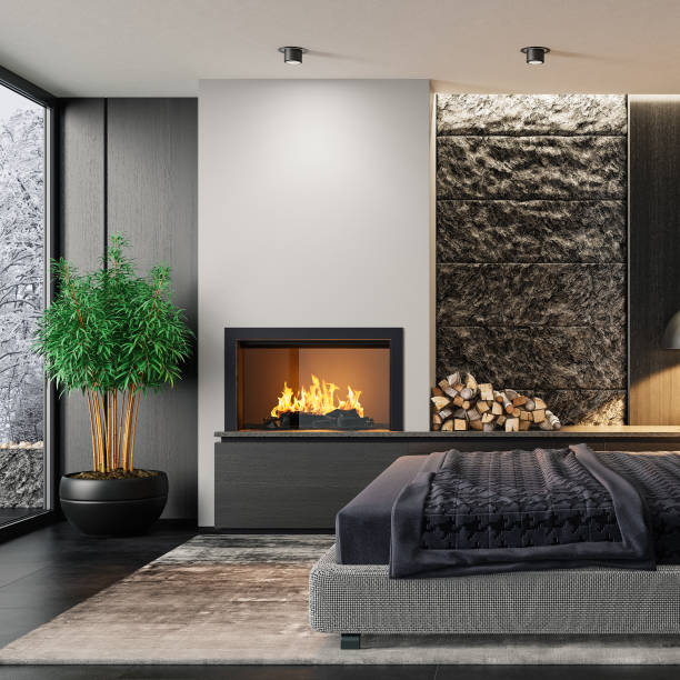 istock Modern minimalist bedroom with fireplace 1830564128