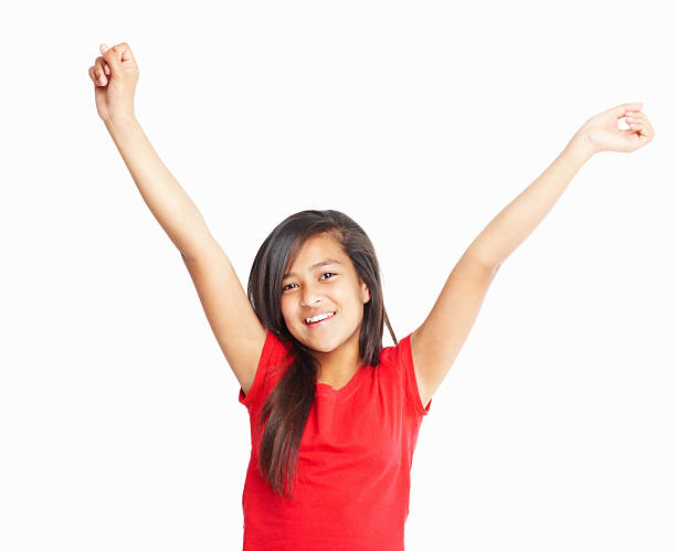 istock Happy female with arms outstretched against white background 183056422