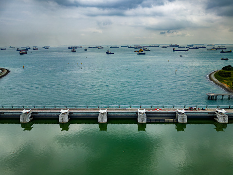 Large amounts of shipping in the strait outside the city of Singapore