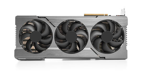 Powerful modern video card on a white background. Large video card with three fans.