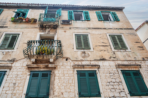 Marble ancient roman architecture in city center of town Split. Ancient buildings in Split, Croatia.