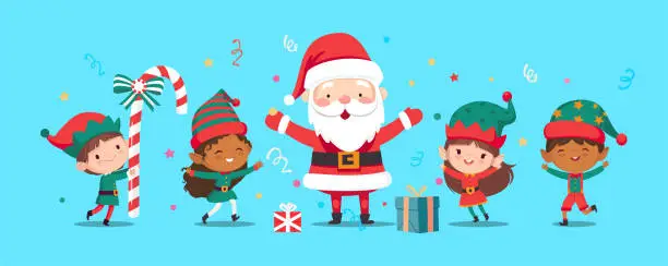 Vector illustration of Christmas elves and Santa Claus