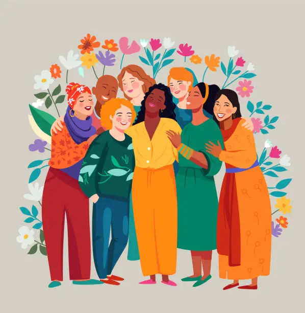 Vector illustration of International Women's Day banner. Women of different ethnicities stand side by side together.