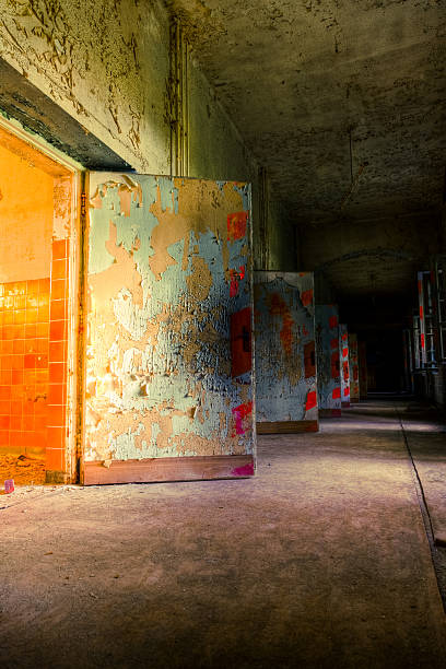 istock Ruined Hospital Corridor Architecture With Wooden Doors HDR 183058316