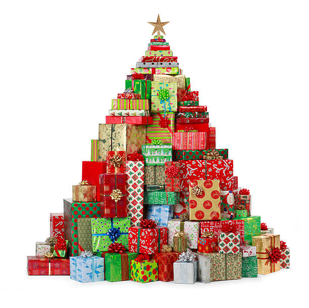 Christmas Present Tree Christmas presents in the shape of a Christmas tree.Clipping path included.To see more holiday images click on the link below: stacked presents stock pictures, royalty-free photos & images