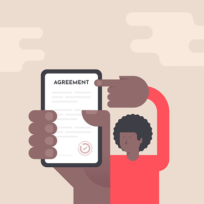 An african american black man is showing a mobile phone with an agreement on its screen. This flat illustration is useable for web pages, web banners, social media posts, landing pages, mobile apps, infographics, posters, flyers, brochures, UI, UX, and GUI design.