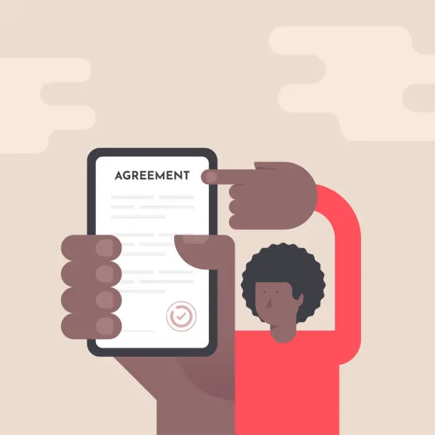 Vector illustration of An afro american man is showing a mobile phone with an agreement on its screen. Trendy Vector Flat Illustration.