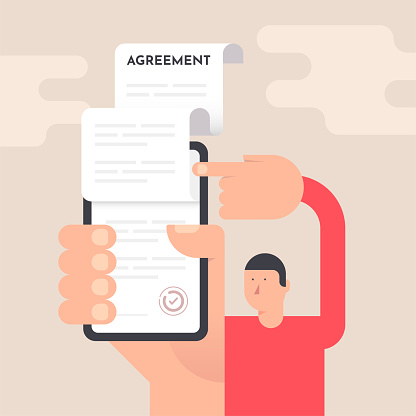 A man is showing a mobile phone with an agreement on its screen. This flat illustration is useable for web pages, web banners, social media posts, landing pages, mobile apps, infographics, posters, flyers, brochures, UI, UX, and GUI design.