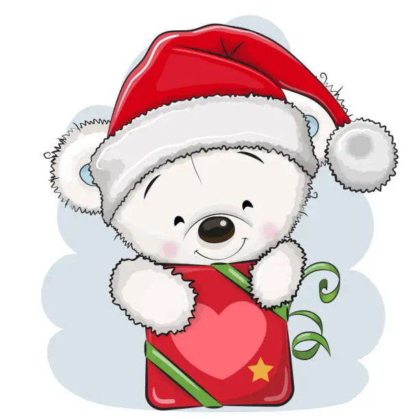 Vector illustration of Cute Cartoon Teddy Bear in a Santa hat with gift