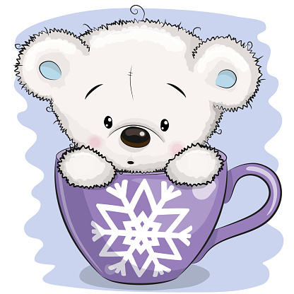 Cute Cartoon White Teddy bear is sitting in a Cup with snowflake print
