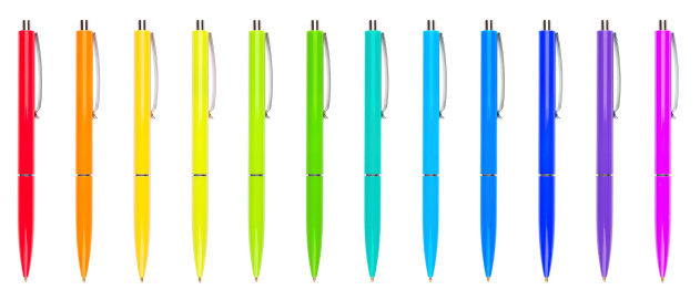 Set of 12 colored pens with color of a rainbow. All with individual clipping path.