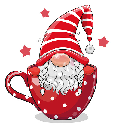 Cute Cartoon Christmas Gnome is sitting in a red Cup with dots print