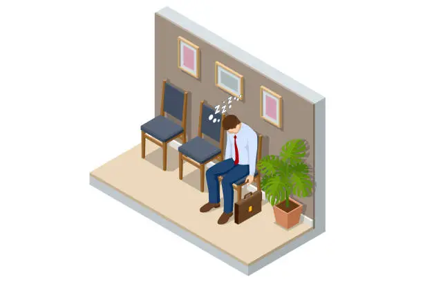 Vector illustration of Isometric tired businessman fell asleep on a chair. Employment and recruitment process