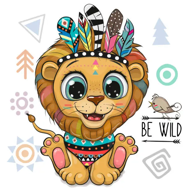 Vector illustration of Tribal Lion with feathers on a white background