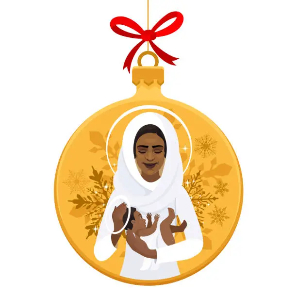 Vector illustration of Virgin Mary holding The Holy Child in her arms, depicted on a Christmas bauble.