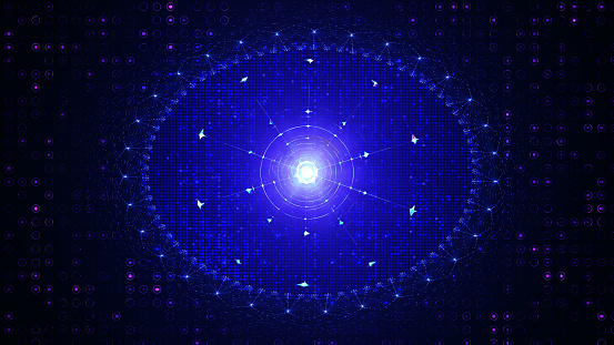 A Glowing Quantum Computer Core, powered by Nuclear Energy, with Waves of Data Flowing in a Rhythmic Pattern