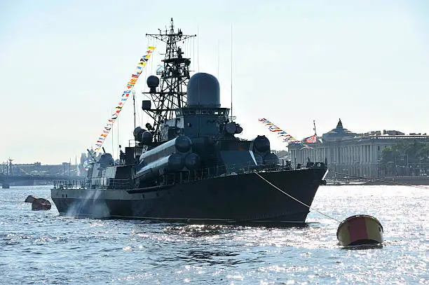 "Nanuchka III class  (Project 1234.1)  Corvette or Small Missile Ship of Russian Baltic Fleet at Navy Day Parade in Saint-Petersburg, Russia."