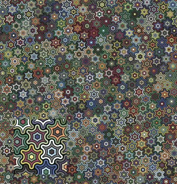Vector illustration of Seamless abstract geometric pattern with concentric small multicolored stars. Folkloric vintage design. Vector illustration.