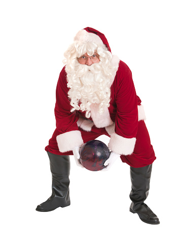 Santa Claus bowling granny style.  Isolated on white.