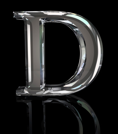 Letter D in faceted crystal. 3D render.