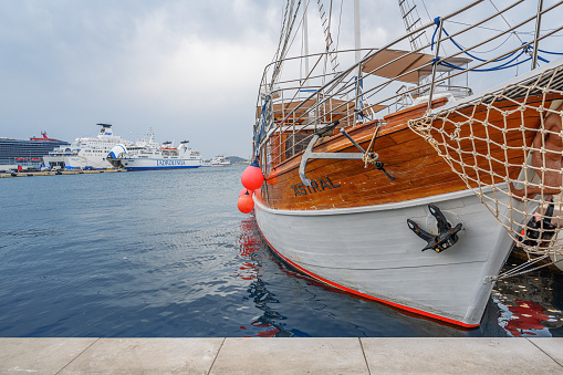 Split, Croatia - July 25, 2023: Boats on the pier in the resort town of Split, Croatia.