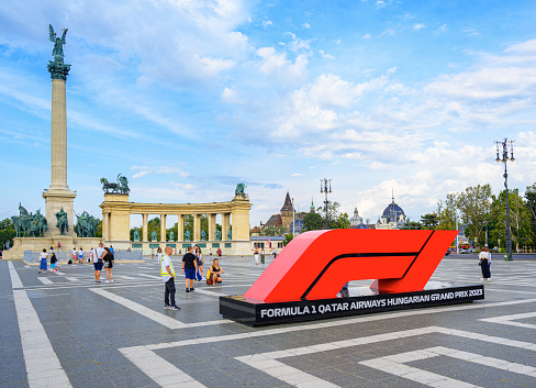 Budapest, Hungary - July 21, 2023: An advertising stand for Formula 1 racing at the Heroes' Square in Budapest, Hungary.