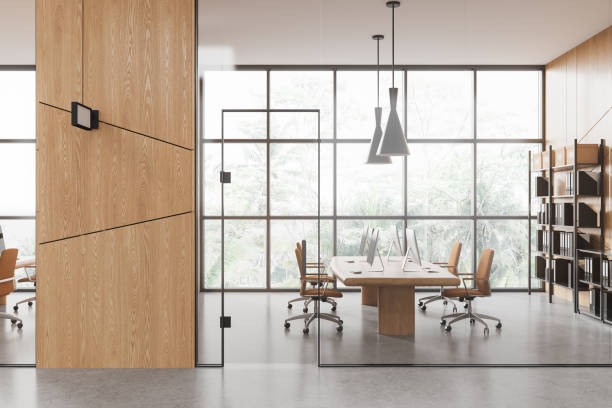 istock Wooden and glass office hall with open space area 1830613903