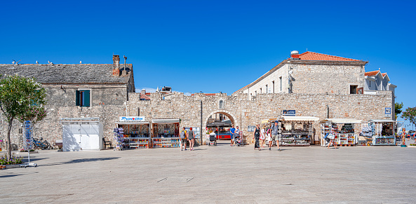 Primosten, Croatia - July 27, 2023: Town of Primosten gate and architecture view, Dalmatia region of Croatia
