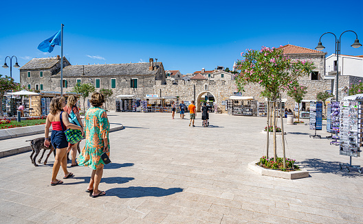 Primosten, Croatia - July 27, 2023: Town of Primosten gate and architecture view, Dalmatia region of Croatia