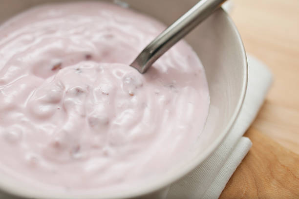 istock Bowl of Strawberry yogurt from above 183061530