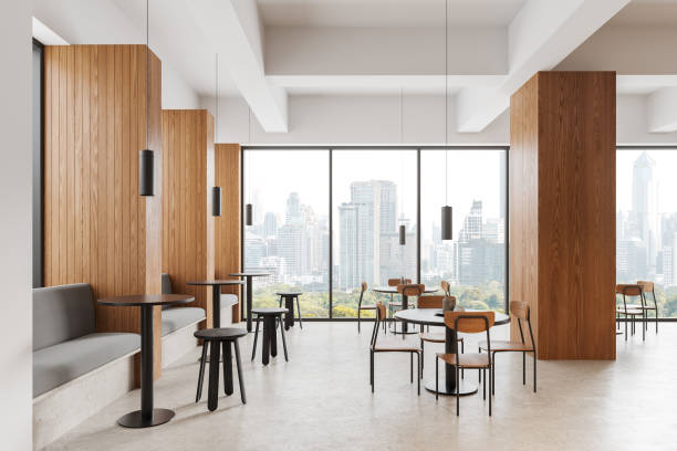 istock White and wooden cafe interior with sofa 1830619492