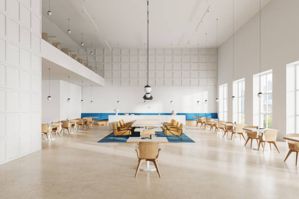 istock Luxury restaurant interior with conference and eating zone, panoramic window 1830628339