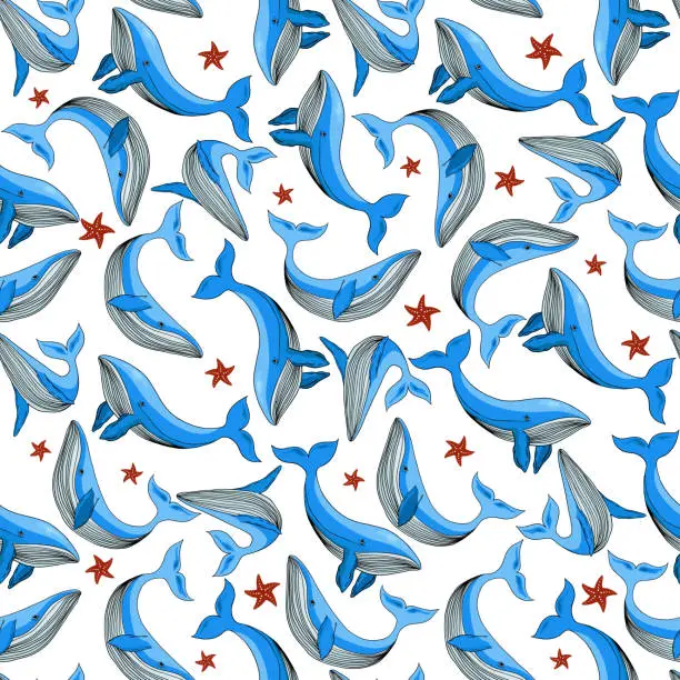 Vector illustration of Blue cartoon whales with starfishs, seamless pattern.