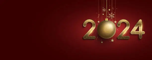 Vector illustration of Cover for Happy New Year 2024. Luxury golden glitter number with decorations of hanging Christmas balls, snowflakes and stars on red background. Vector illustration.