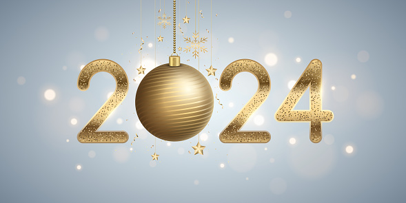 Cover for New Year 2024. Luxury golden glitter number with decorations of hanging Christmas balls, snowflakes and stars on light background with glares bokeh. Vector illustration. EPS 10.