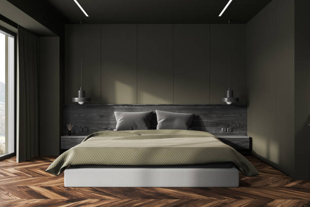 istock Green bedroom interior with cozy bed 1830630609