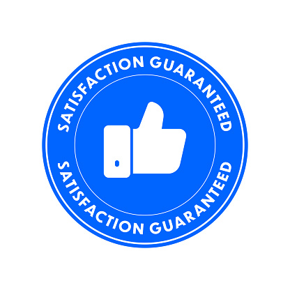 A design for packaging that showcases customer satisfaction, possibly in the form of a badge. A round and vector emblem with text around it indicating customer satisfaction, and a thumbs up symbol in the center.