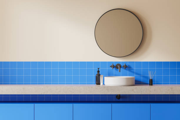 istock White and blue bathroom interior with sink 1830631187