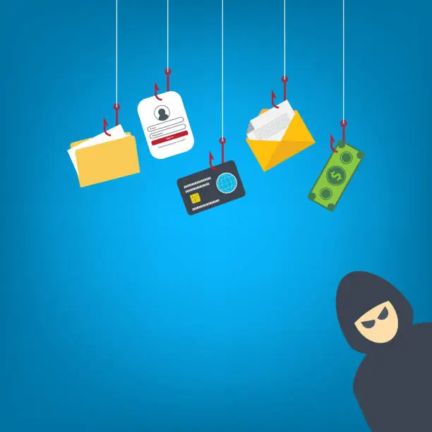 Vector illustration of Hackers and cybercriminals phishing, identity theft, user login, password, documents, email and credit card. Hacking and web security. Internet phishing concept. Vector illustration