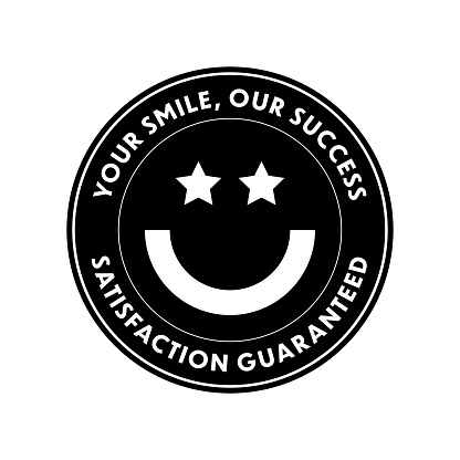 A design for packaging that showcases customer satisfaction, possibly in the form of a badge. A round and vector emblem with text around it indicating customer satisfaction, and a smiling face symbol in the center.