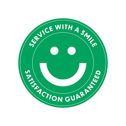 A design for packaging that showcases customer satisfaction, possibly in the form of a badge. A round and vector emblem with text around it indicating customer satisfaction, and a smiling face symbol in the center.