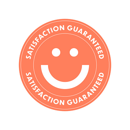 A design for packaging that showcases customer satisfaction, possibly in the form of a badge. A round and vector emblem with text around it indicating customer satisfaction, and a smiling face symbol in the center.