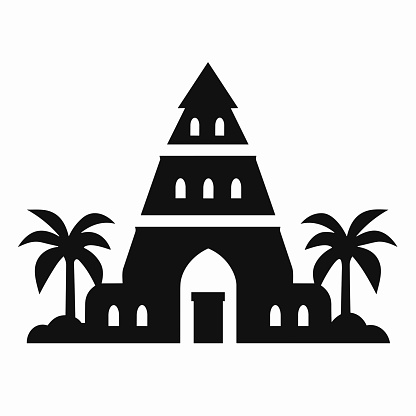 Building simple flat black and white icon logo, reminiscent of Tikal, house Landmark Simple Minimalist Black and White. Silhouette Monochrome.
