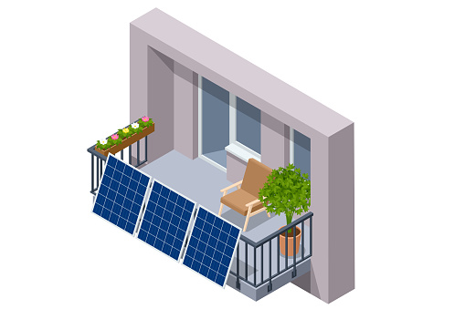 Isometric Solar Panels on Balcony of Apartment. Small Solar Panel energy system. Small Local Solar Panel Energy System on Balcony