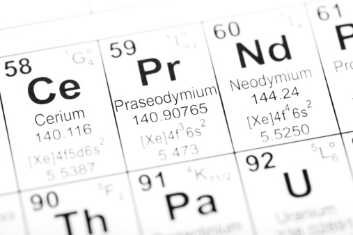 Periodic table detail for the element praseodymium. Image uses an altered public domain periodic table as the source document. Part of a series covering all the elements