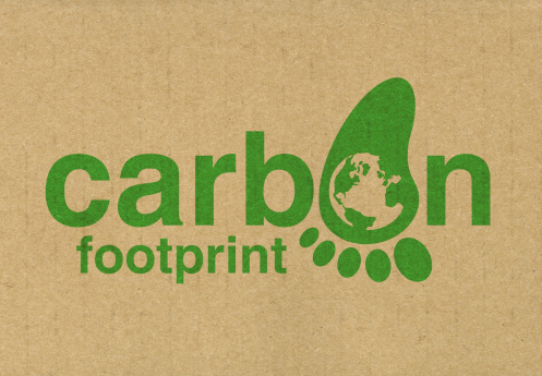 Carbon footprint stamped on to the side of recycled cardboard in green ink. Foot and earth drawn and created by myself