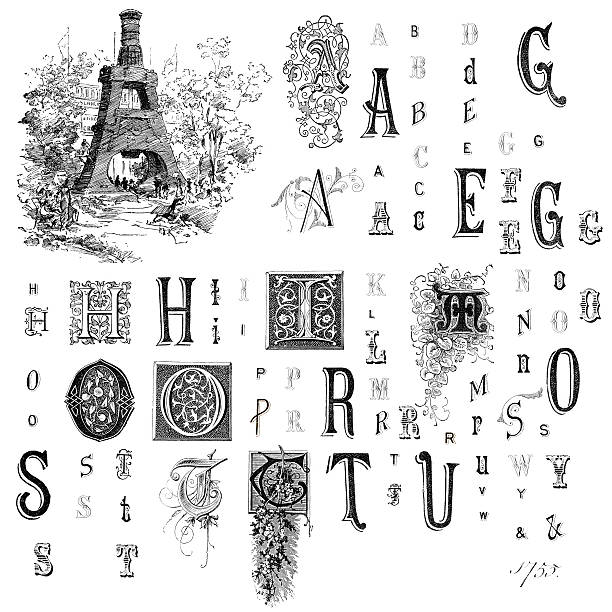Retro Alphabet Letters Vintage engraving of miscellaneous retro vintage letters pre 1880 antique illustration of ornate letter f stock illustrations