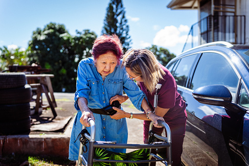A female nurse uses a strap to help an elderly woman of Asian ethnicity cross the driveway on a beautiful sunny, Autumn day.